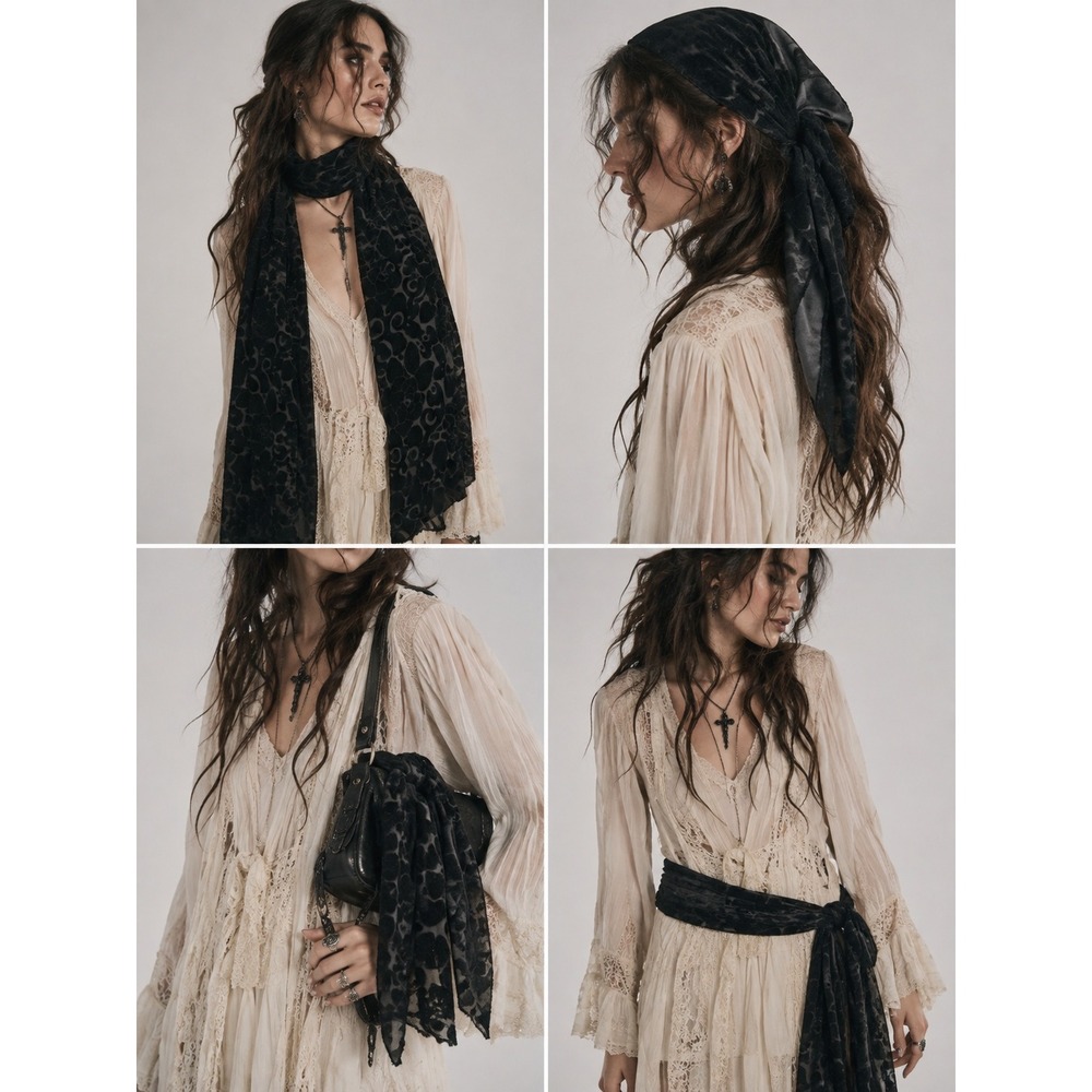 VTG 90s Black Velvet Burnout Floral Devore Wrap Scarf Whimsigoth Boho Victorian